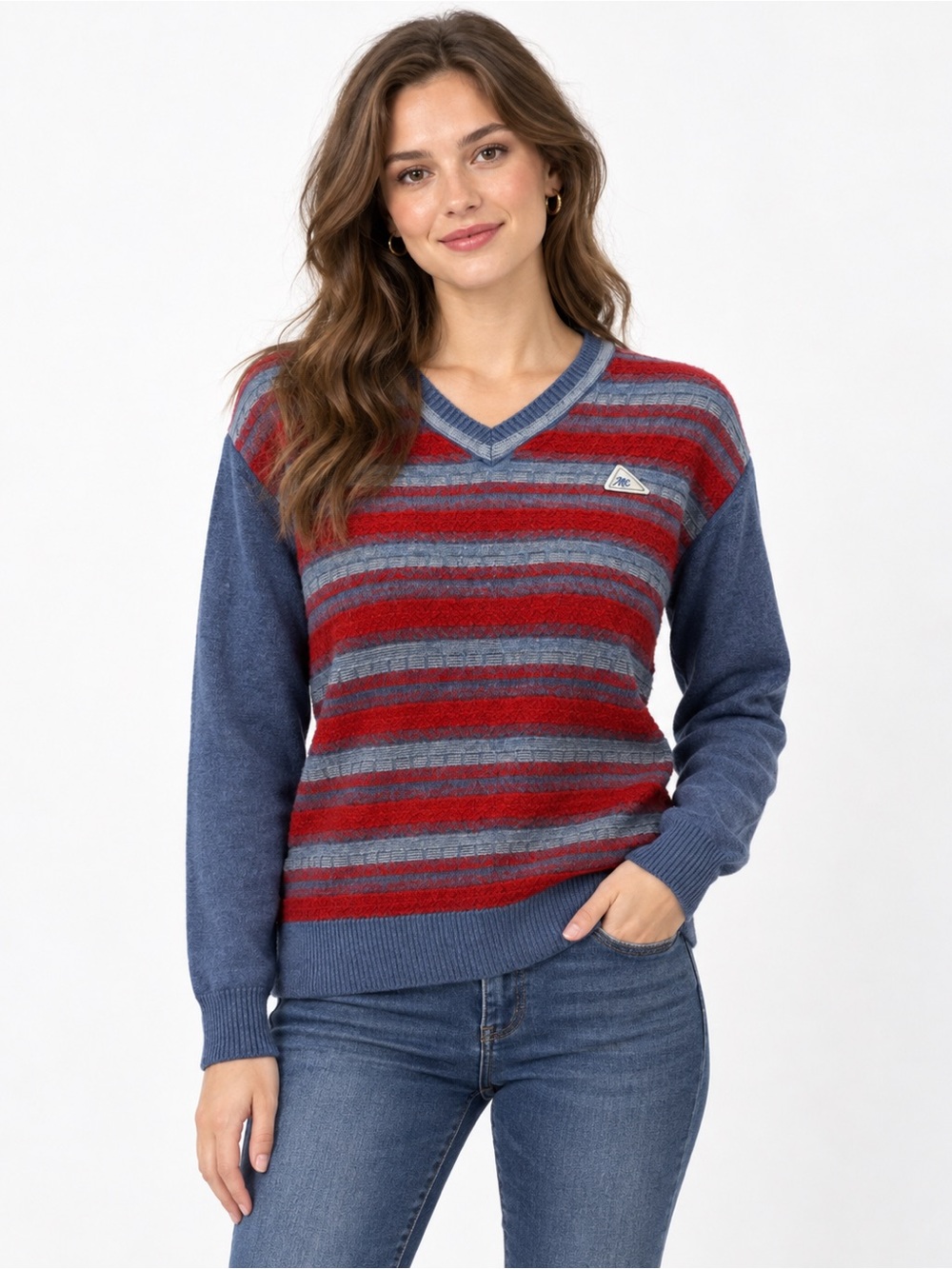 Vintage Monte Carlo Men's Large Pure New Wool Sweater Red Blue V Neck Woolmark